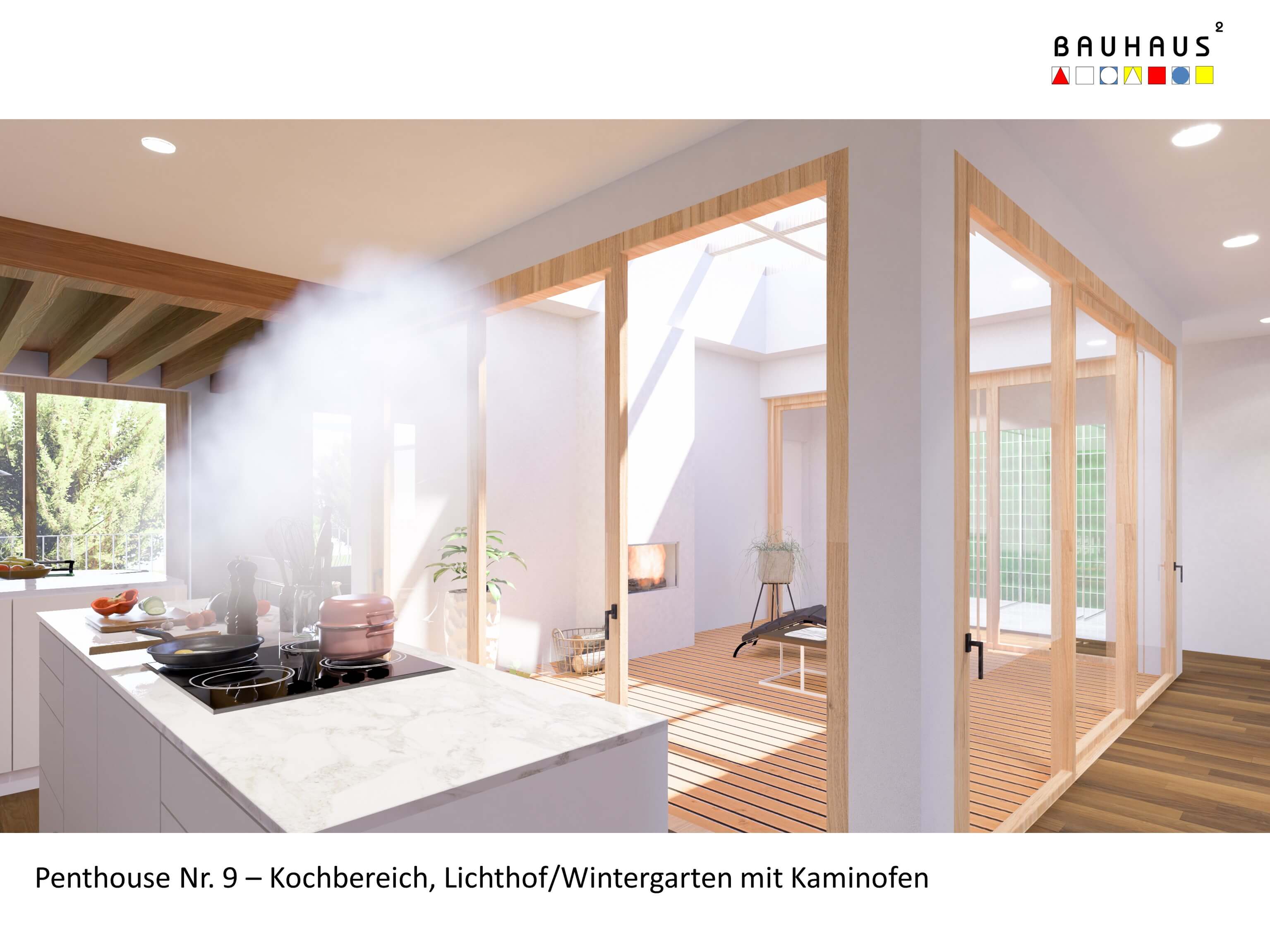 Penthouse Nr.9 - Kochbereich, Lichthof/Wintergarten mit Kaminofen